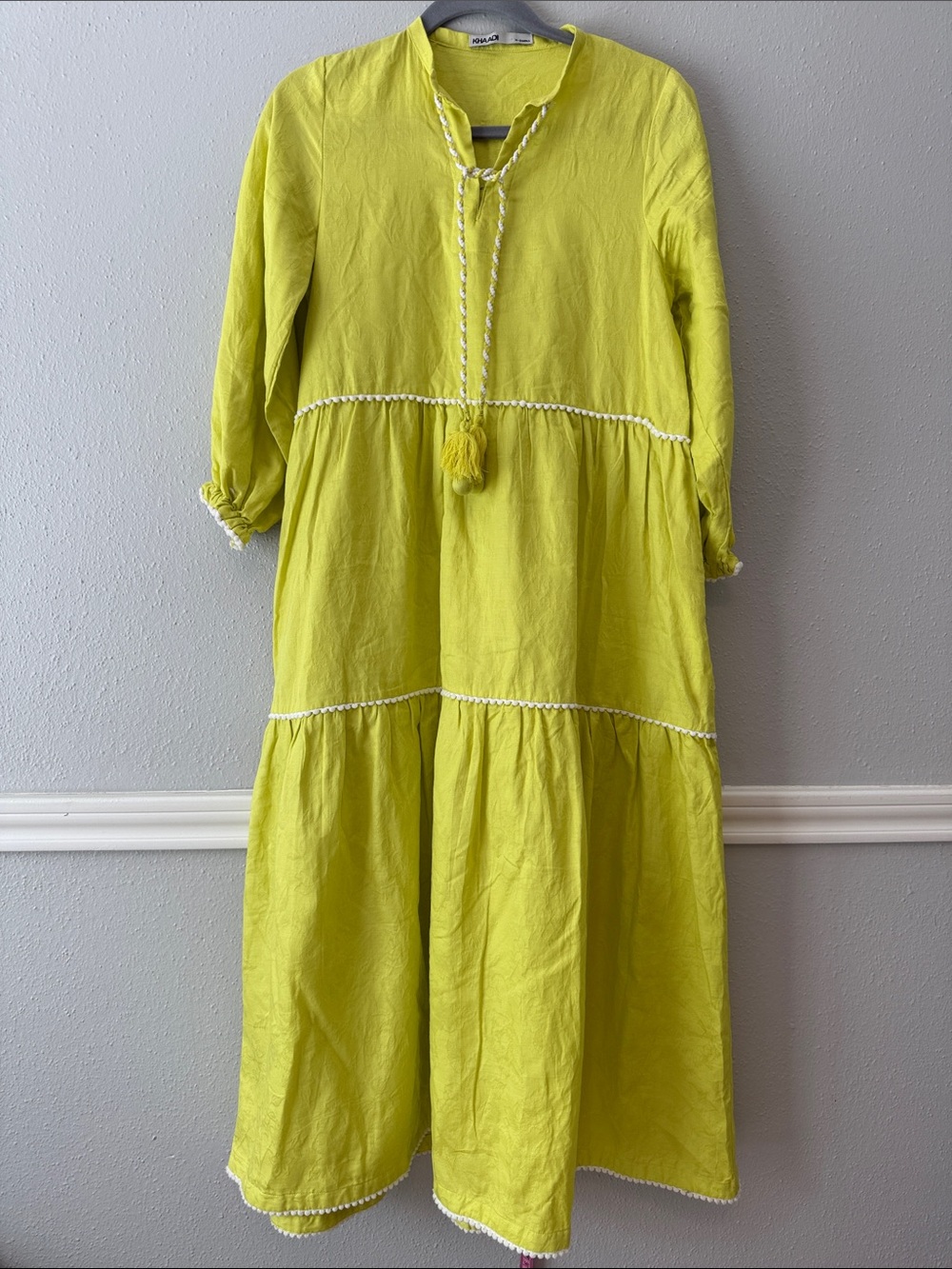 KHAADI Tiered Maxi Dress with Braided Tassel in Chartreuse
